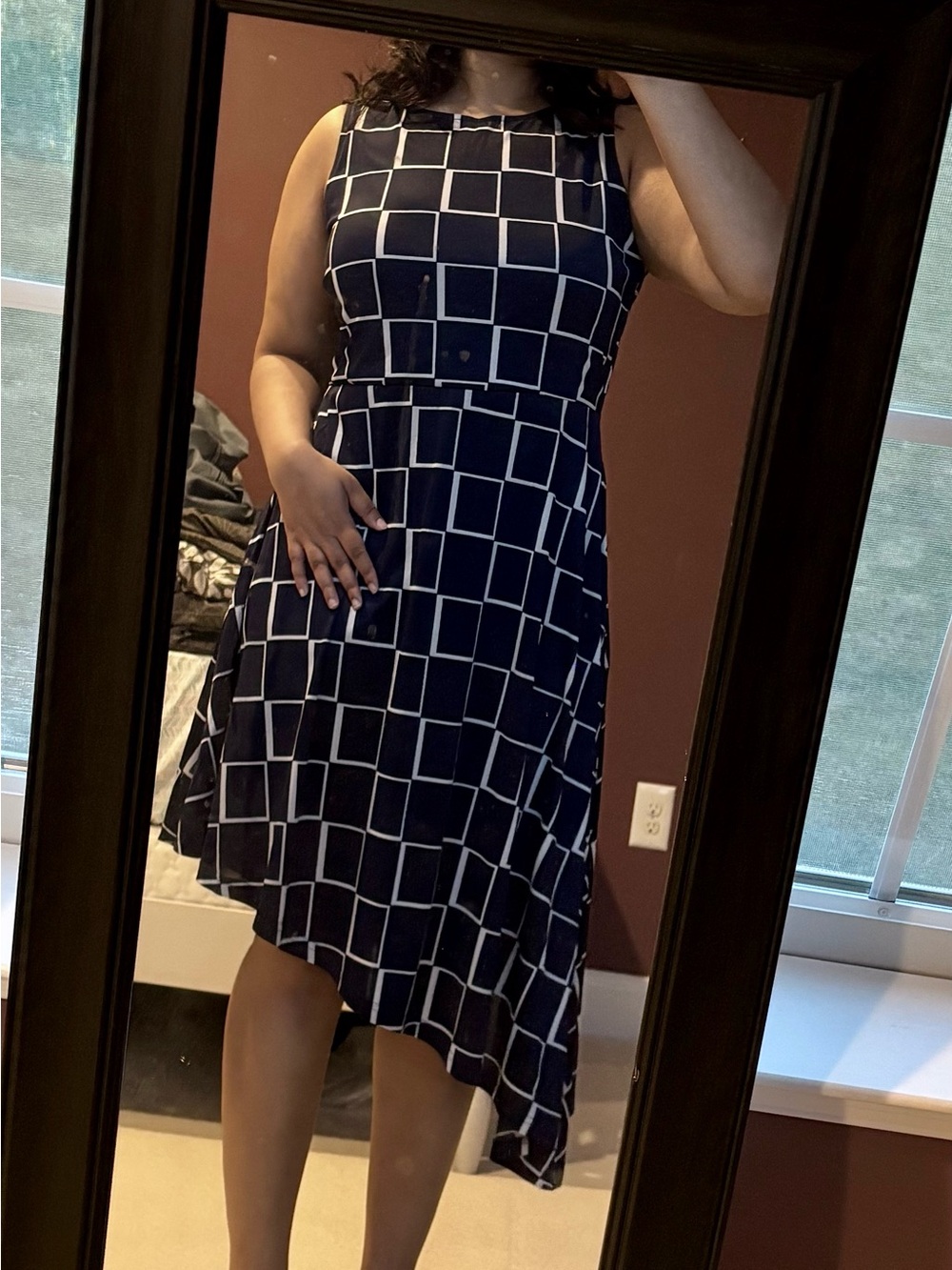 AND Navy Blue and White Geometric Asymmetric Dress